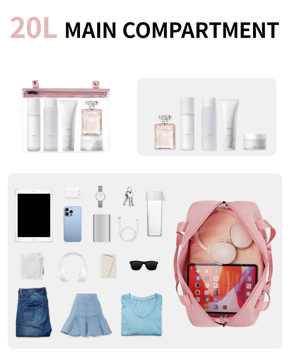 ECOHUB Bagaglio a Mano 40x20x25 Ryanair, 20L Borsone da Viaggio Donna con Borsa Impermeabile Rimovibile, Borsa da Viaggio Pieghevole, Borsa da Cabina per Viaggio e Sportiva, Borsone Palestra, Rosa