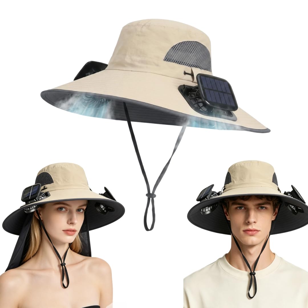 Solar Fan Hat Wide Brim Cooling Cap, Hat with Fans Solar Powered for Outdoor Fishing, Gardening, Camping & UK Summer Heat Grey