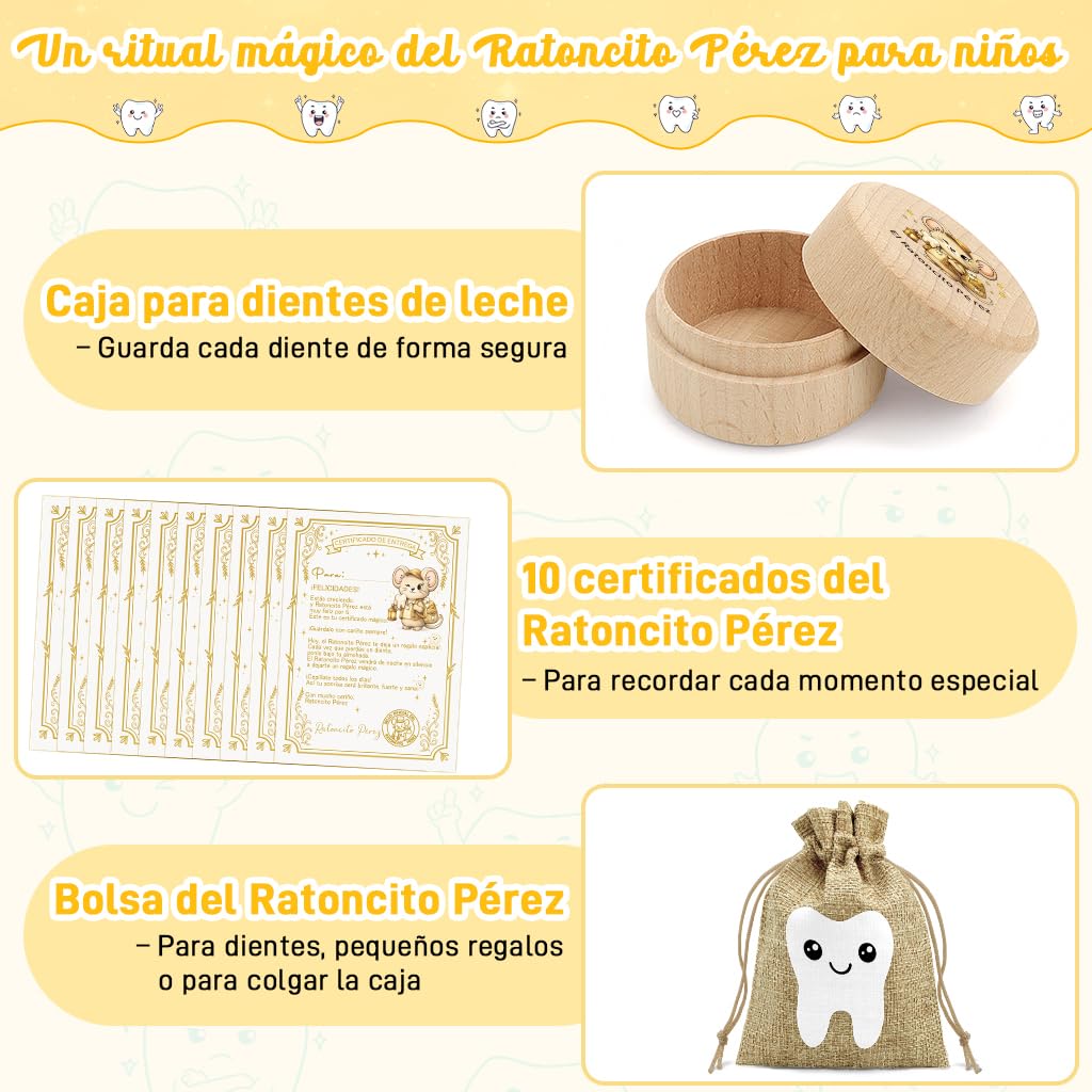 WALLFID set de 12 piezas,caja dientes de leche niño,cartas del Ratoncito Pérez,bolsita del Ratoncito Pérez,10 tarjetas del diente limpio,regalo original para niño y niña (Espagnol)