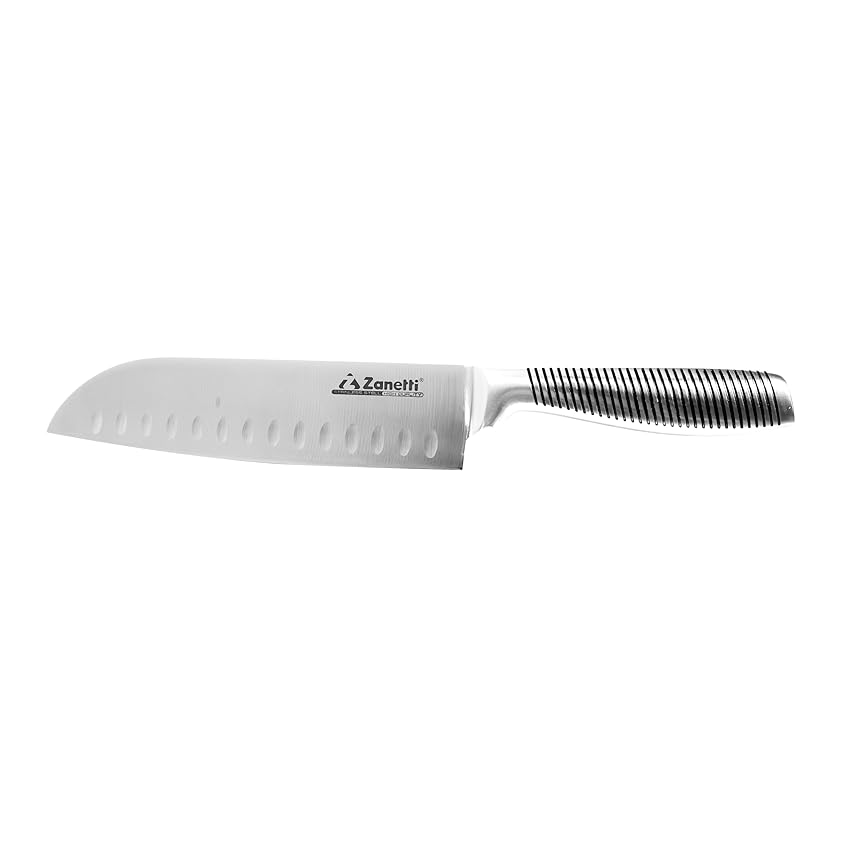Zanetti, Coltello Santoku Modello Ultra, Coltello Acciaio Inox, Lama 18 cm, Spessore 2.5 mm, Coltello Cucina, Coltello Santoku Giapponese, Manico Vuoto Acciaio Inox