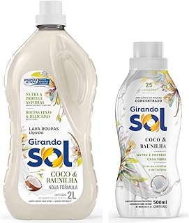 Kit 1 un Amaciante Concentrado Girando Sol 500ML e 1 un Lava Roupas Líquido Coco e Baunilha 2L