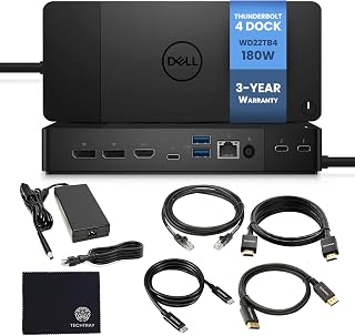 WD22TB4 델 썬더볼트 4 도크 40Gbps USB-C/USB-A 180W, HDMI, 디스플레이 포트 케이블 및 클리닝 천 포함 도킹 스테이션 - 듀얼/트리플 모니터 및 4K 디스플레이 지원