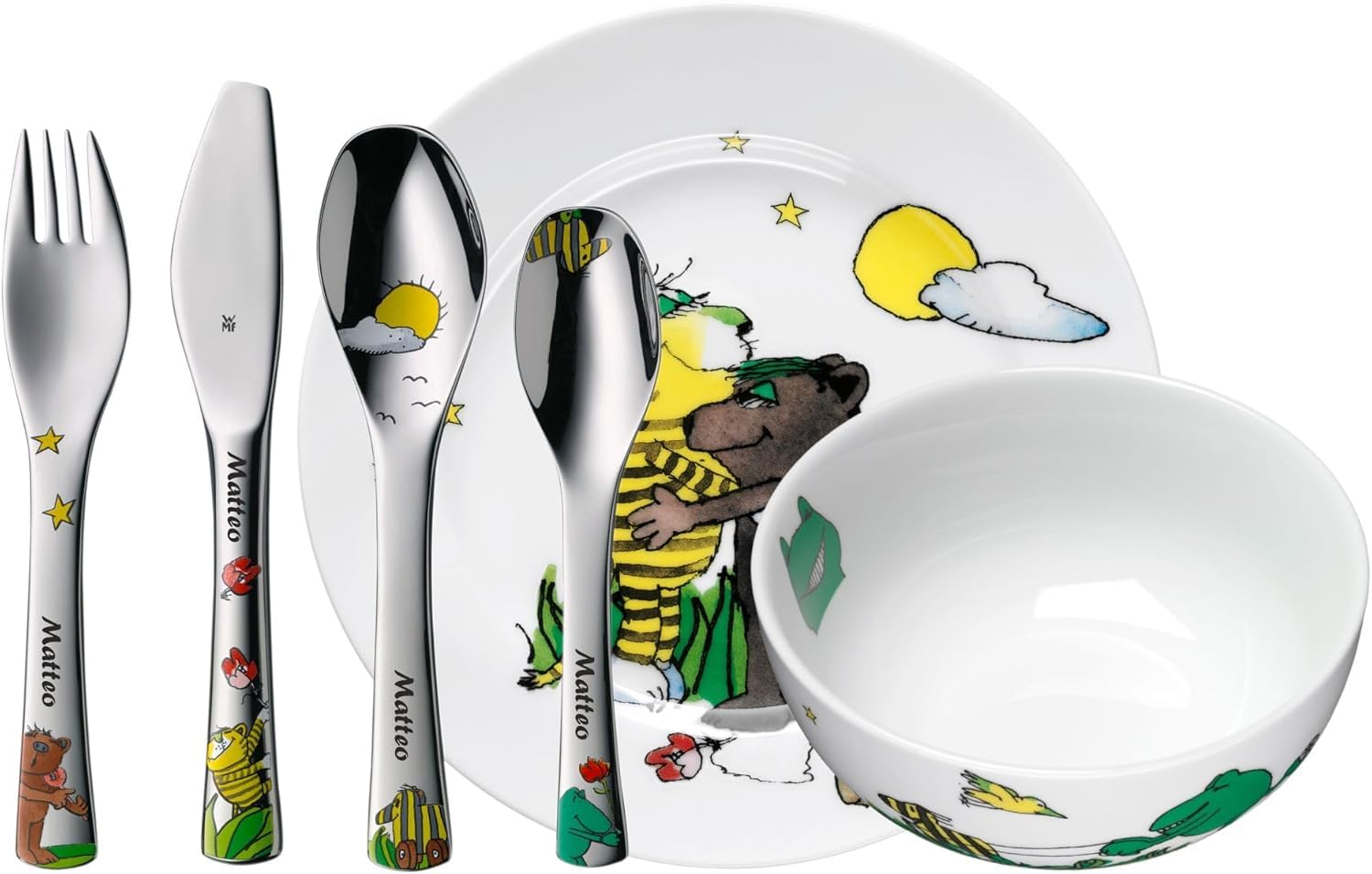 WMF Kindergeschirr Set Janosch 6-teilig mit Gravur – mit Namen – Porzellan Teller, Müsli-Schale, Tasse und Kinderbesteck – Weihnachtsgeschenke für Kinder