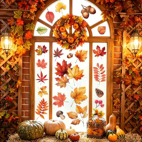 Image of Fall Window Clings Decor Pumpkin Maple Leaf Autumn Thanksgiving Decorations | 9 Sheets Window Stickers for Glass Windows, Fall Harvest Decals for Home Office School Classroom, Holiday Party Supplies