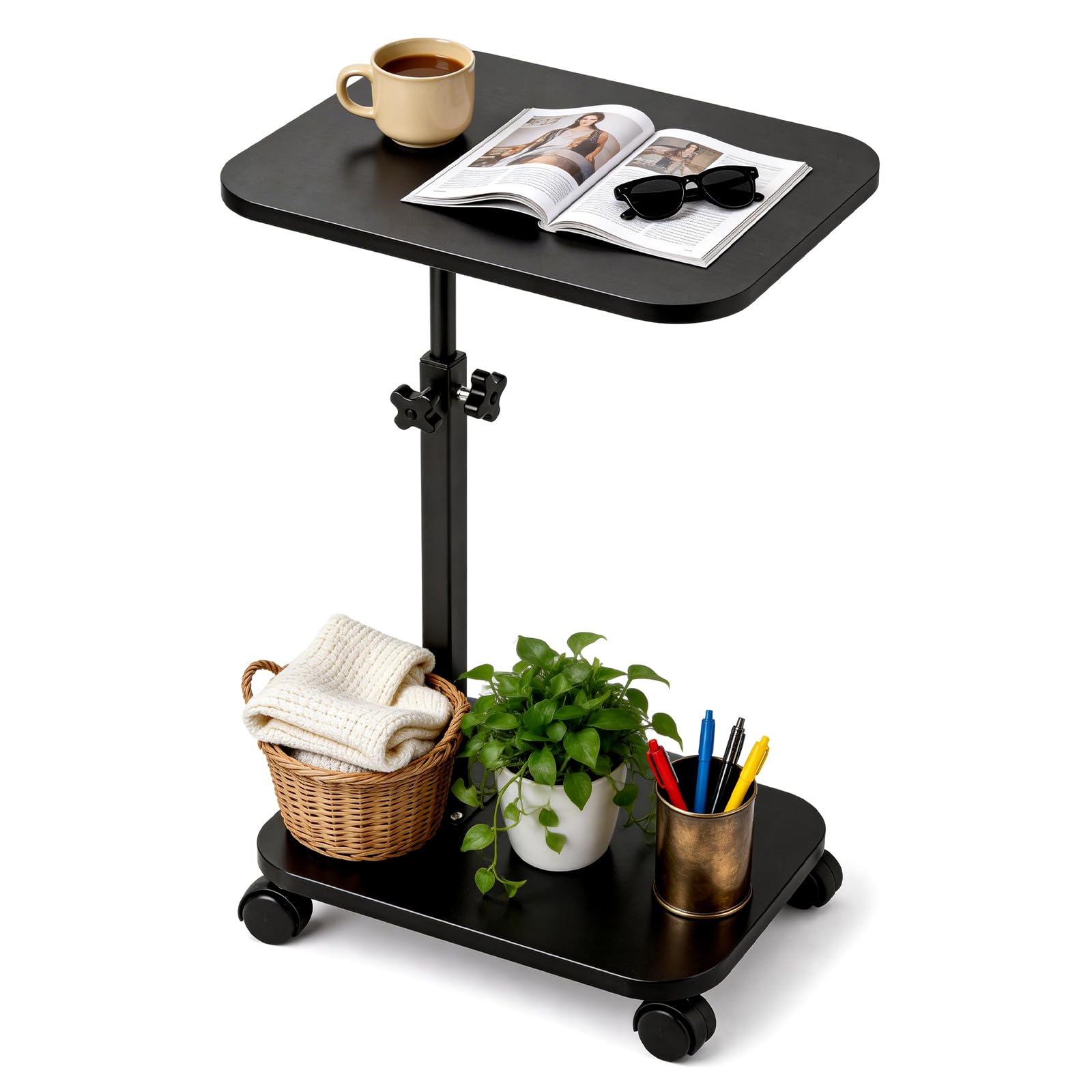 Side Table with Wheels, C-Shape Sofa Desk Height Adjustable Swivel Sofa Table 360ยฐ Rotating Tray Space-Saving Coffee Snack and Bed End Table for Living Room Bedroom Bedside Couch (Black)