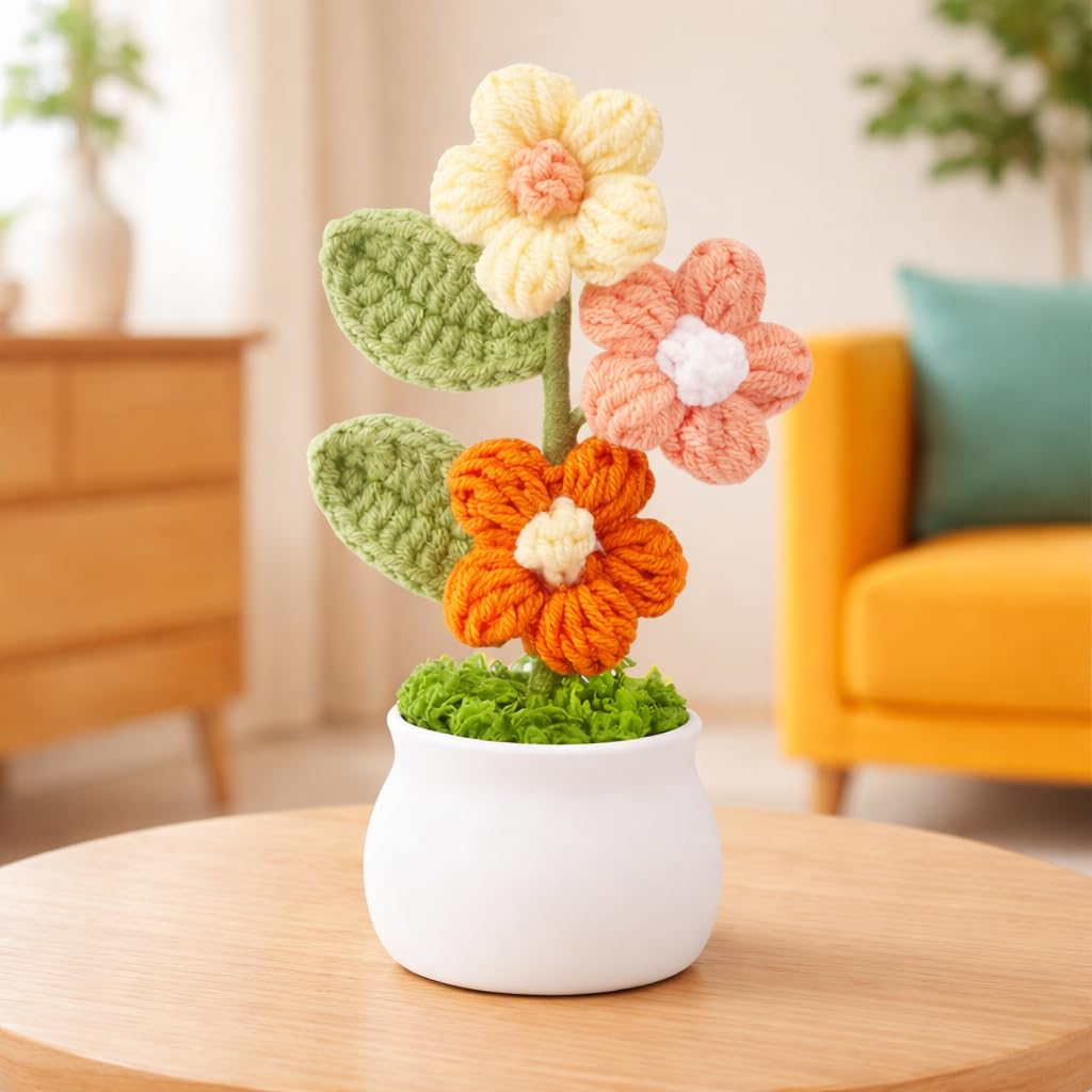 17CM Handmade Crochet Flower Pot for Home & Office Decor, Aesthetic Desk Plant, Cute Tabletop Showpiece, Thoughtful Gift for Friends, Family & Loved Ones (Orange)-image-11