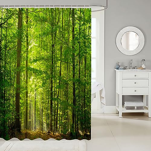 Loussiesd Woodland Shower Curtain 180x240cm Summer Forest Waterproof Shower Curtain Woodland Nature Jungle Waterproof Fabric Bathroom Sunlight Romantic Printing Green with Hooks - Image 2