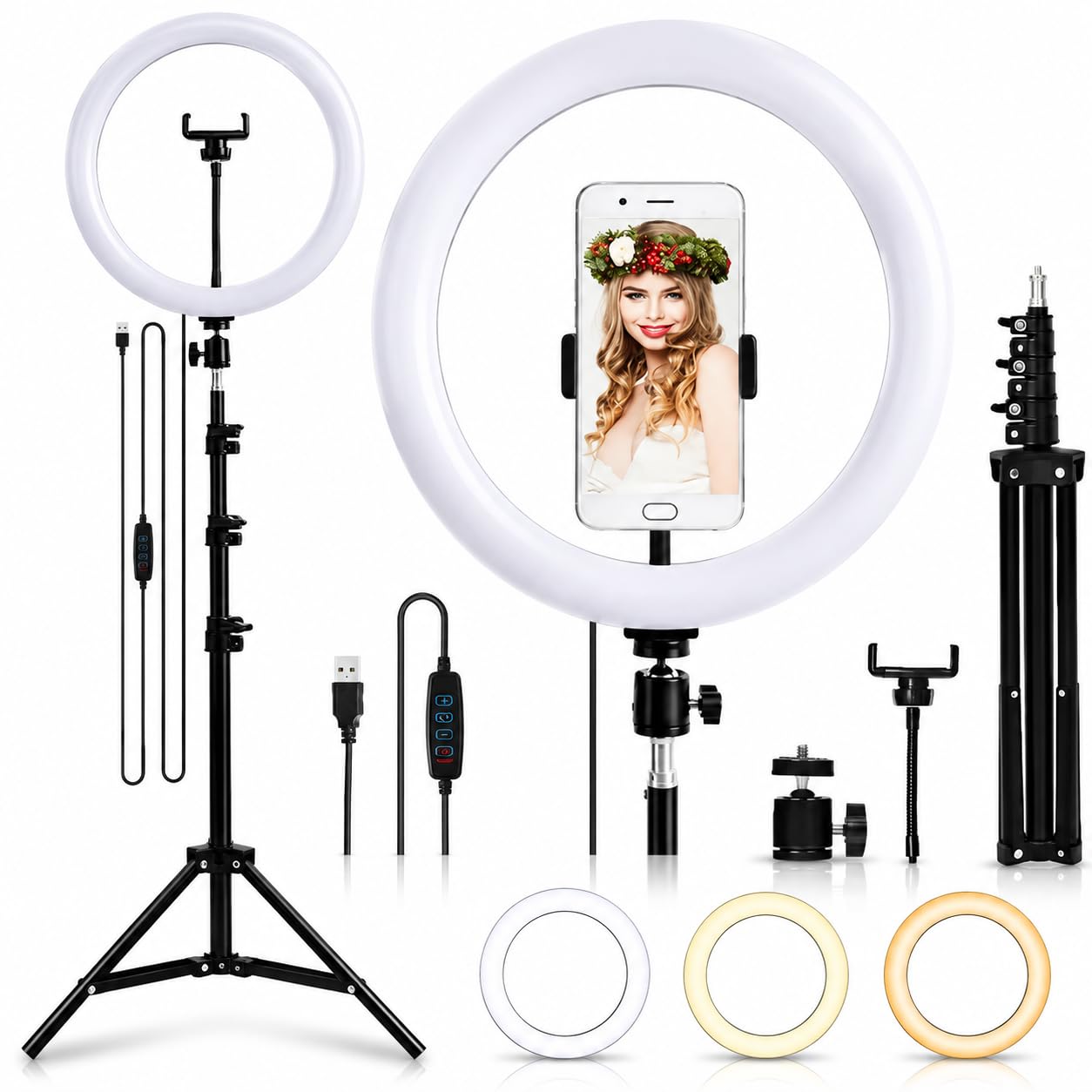 Ring Light LED 10 Polegadas 26cm com Tripé Ajustável 2,10m e Suporte para Celular, Iluminador Profissional USB com 3 Tons de Luz para Vídeos, Fotos, Maquiagem, Lives e TikTok