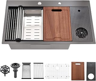 33 Inch Black Drop In Kitchen Sink with Glass Rinser-Bokaiya 33x19 Kitchen Sink Drop In Black Stainless Steel Topmount Sink 16 Gauge Deep Single Bowl Kitchen Sink with Cutting Board