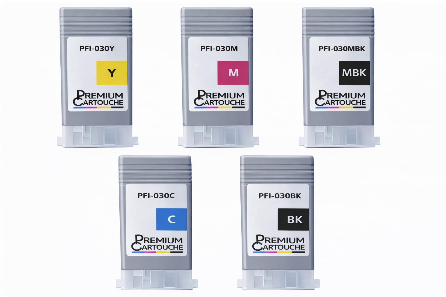 PREMIUM CARTOUCHE Pack de 5 Cartouches Compatible pour Canon imagePROGRAF TA-20, TA-30, TM-240, TM-340, PFI030, Multicolore (Noir, Noir Mat, Cyan, Magenta, Jaune), 5x55ml