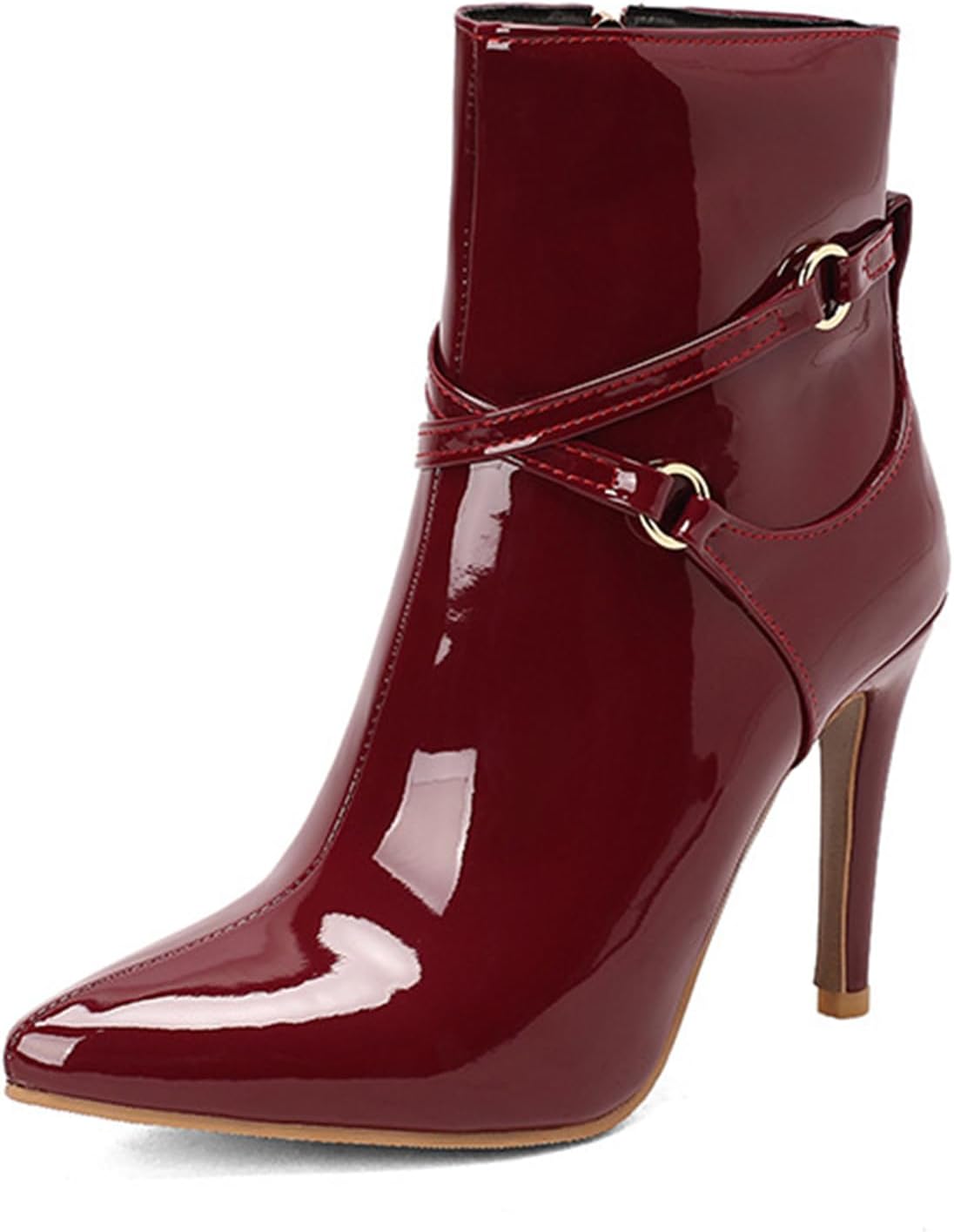 Pointed Toe Ankle Boots For Women Fashion Elegant Patent Leather Side-Zipper Crisscross Buckle Stiletto Heel Glossy Dress Booties