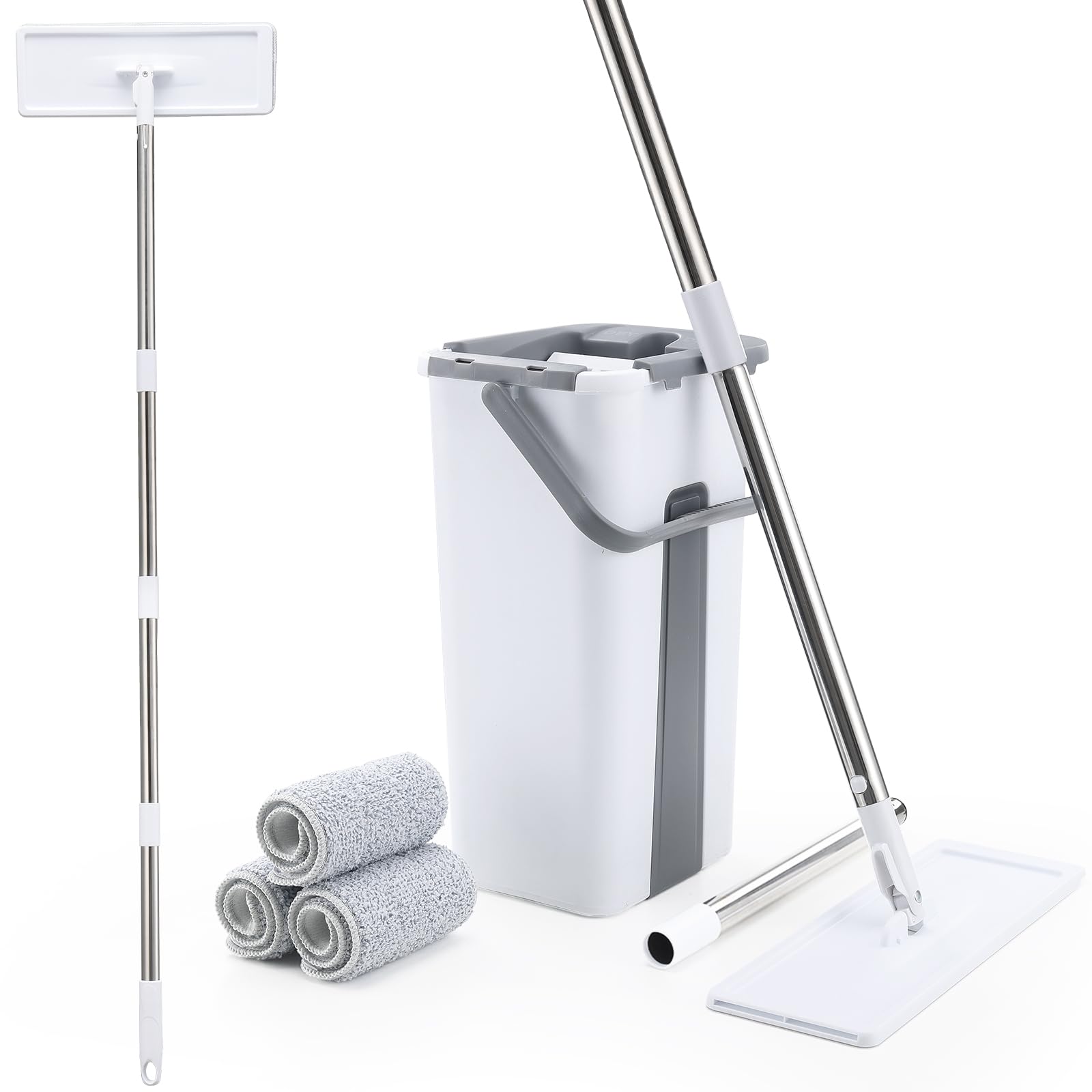 Trapeador y cubo con juego de escurridor, fregona plana y cubo para limpieza de suelos del hogar, manos libres, 3 fregonas