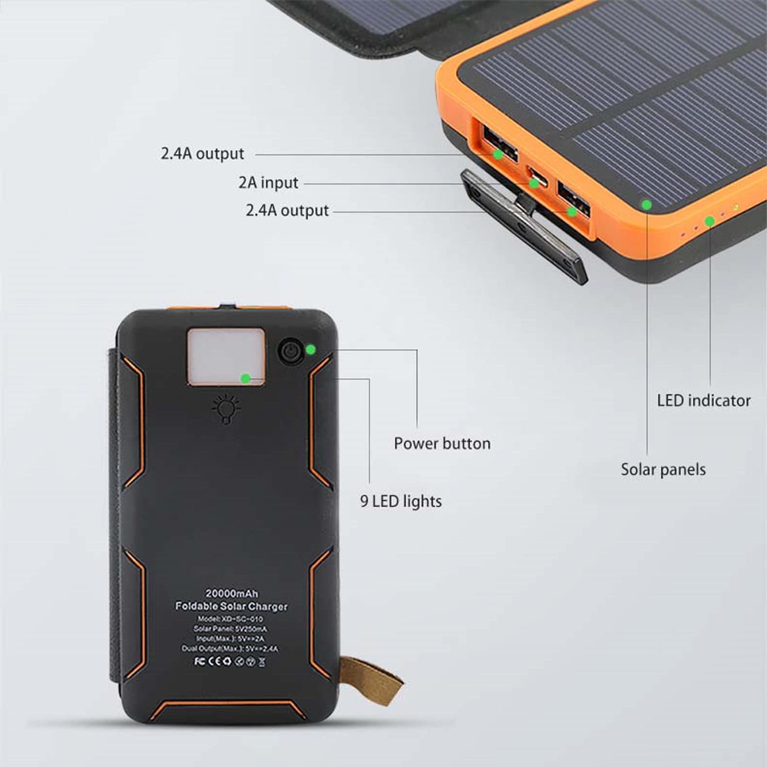 Przenośny składany bank energii słonecznej, ładowarka słoneczna z wyjściem USB 5V 2A, panel słoneczny z 4 panelami słonecznymi i latarką LED do smartfonów, tabletów i na zewnątrz
