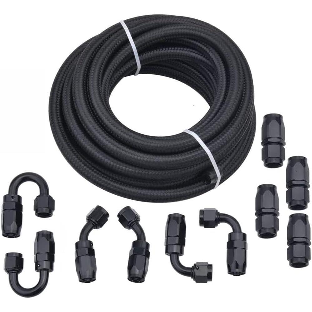 Riloer Tubo carburante AN6, tubo flessibile universale intrecciato per olio, carburante, gas, compatibile con vari motori automobilistici e marini, connettore nero + tubo nero da 5 m