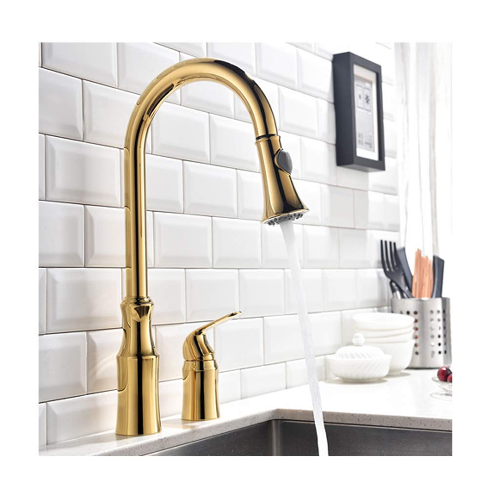 MXXQRHF Kitchen Sink Faucets with Pull Out Sprayer Modern Brass High Arc Pull Down 360 Degrees Rotate Kitchen Mixer Tap,Brushed (Gold)