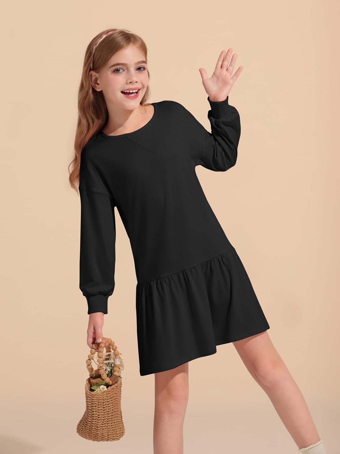 Haloumoning Girls Long Sleeve Dresses Sweatshirt Dress Kids Casual Crewneck Rib Knit Mini Dress 5-14 Years - Image 3