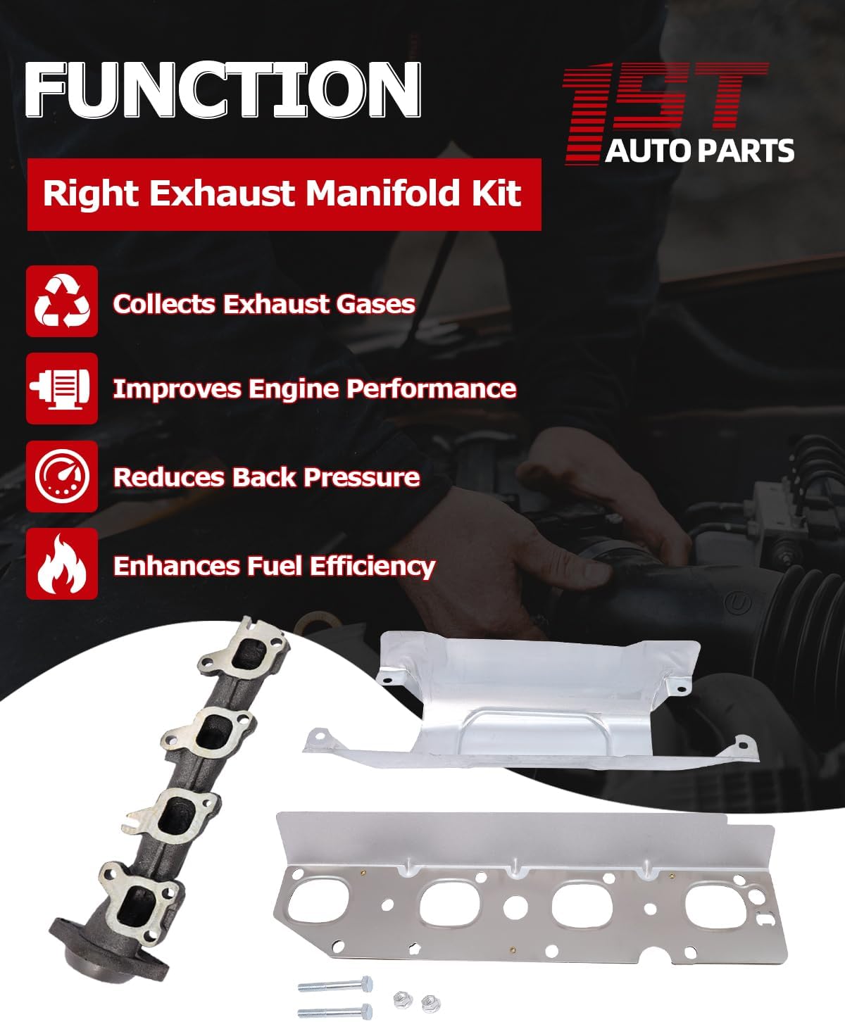 1ST Right Exhaust Manifold Kit with Gasket 5045486AA Fits for Ram 1500 2013-2018, 2500 2014-2021, 3500 2013-2020, 1500 Classic 2019-2024, Replaces OE: 674-685 674685