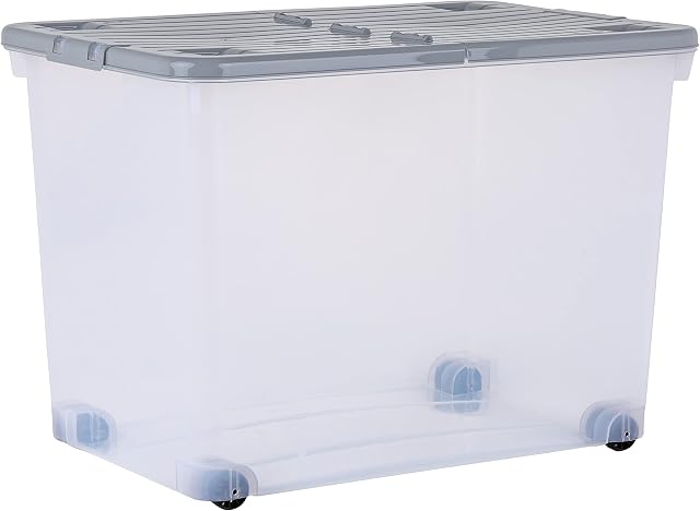 Wham Set of 3x 80L Clear Plastic Storage Boxes with Wheels and Folding Grey Lids. Large, Deep, Stackable and Nestable. Made in the UK