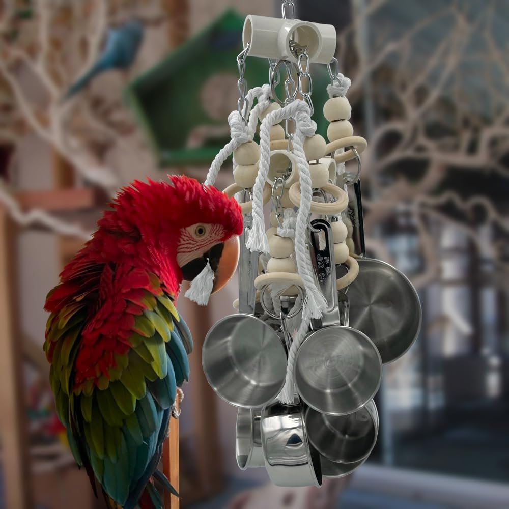 Durable Stainless Steel Pots & Wooden Beads Parrot Toys - Pullable 8 Metallic Cups & 8 Natural Dye-Free Rings for Large & Extra Large Parrots Macaws Amazons African Greys Cockatoos Eclectus - image 8