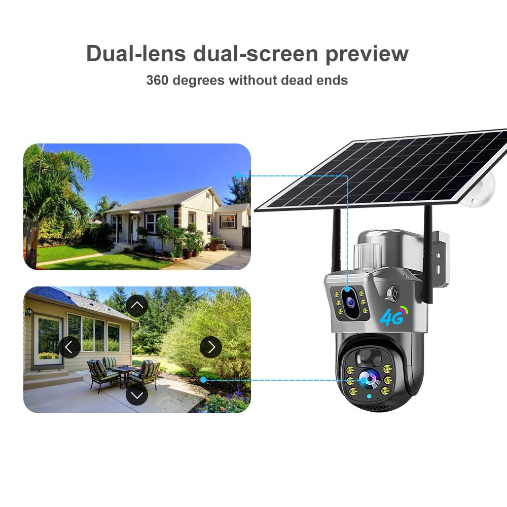 Cámara de Vigilancia Solar 4G Para Exterior, Cámara PTZ Inalámbrica Con Doble Lente y Doble Pantalla, Audio Bidireccional, Detección de Movimiento, Visión Nocturna, IP66 Impermeabile