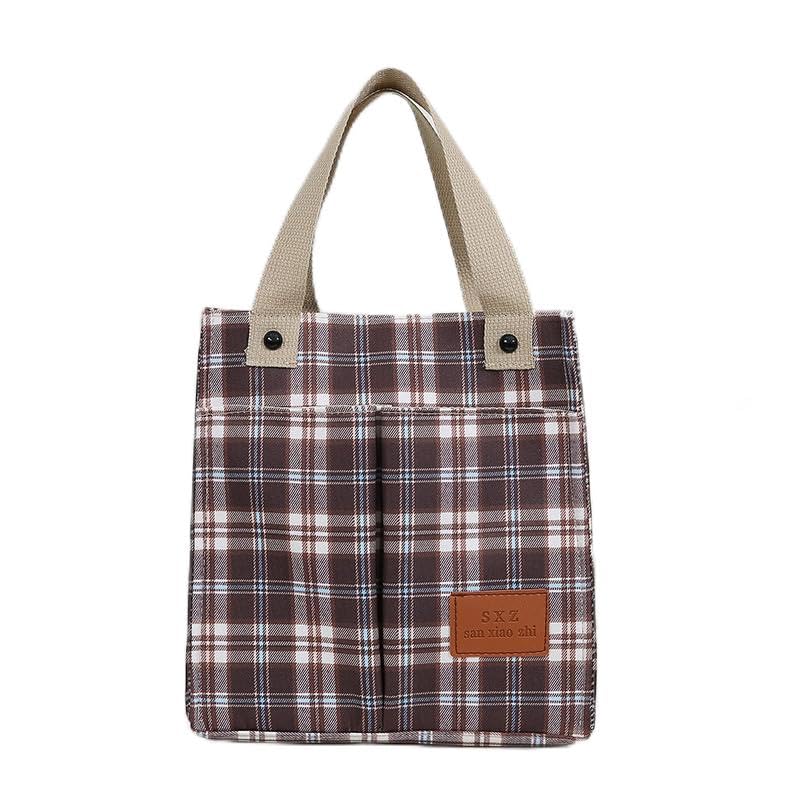 Bolsa de lona xadrez coreana – Bolsa de mão vintage com fecho magnético, bolso frontal e divisória interna para uso diário, Marrom