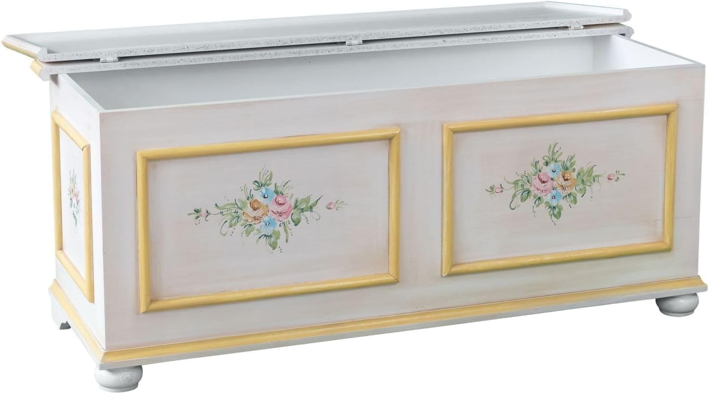 Vicentini arreda CASSAPANCA IN LEGNO SHABBY CHIC MOD CIPOLLA BIANCO DECORATO FILO GIALLO (L 120 P 42 H 50)