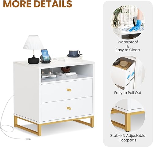 Miniatura 6 de Lamerge Juego de 2 mesitas de noche doradas y blancas, moderna mesita de noche con estación de carga y cajones, mesa auxiliar con puertos USB y