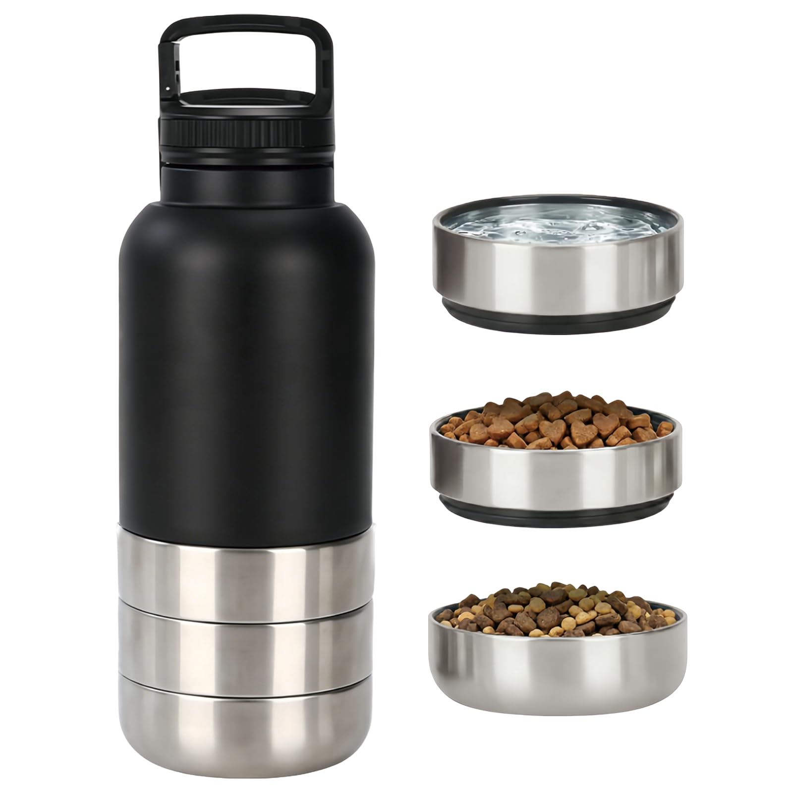 Borraccia per cani 4 in 1, per viaggi, in acciaio inox, isolata, con 3 ciotole, a prova di perdite, per persone e cani, passeggiate, escursioni, viaggi