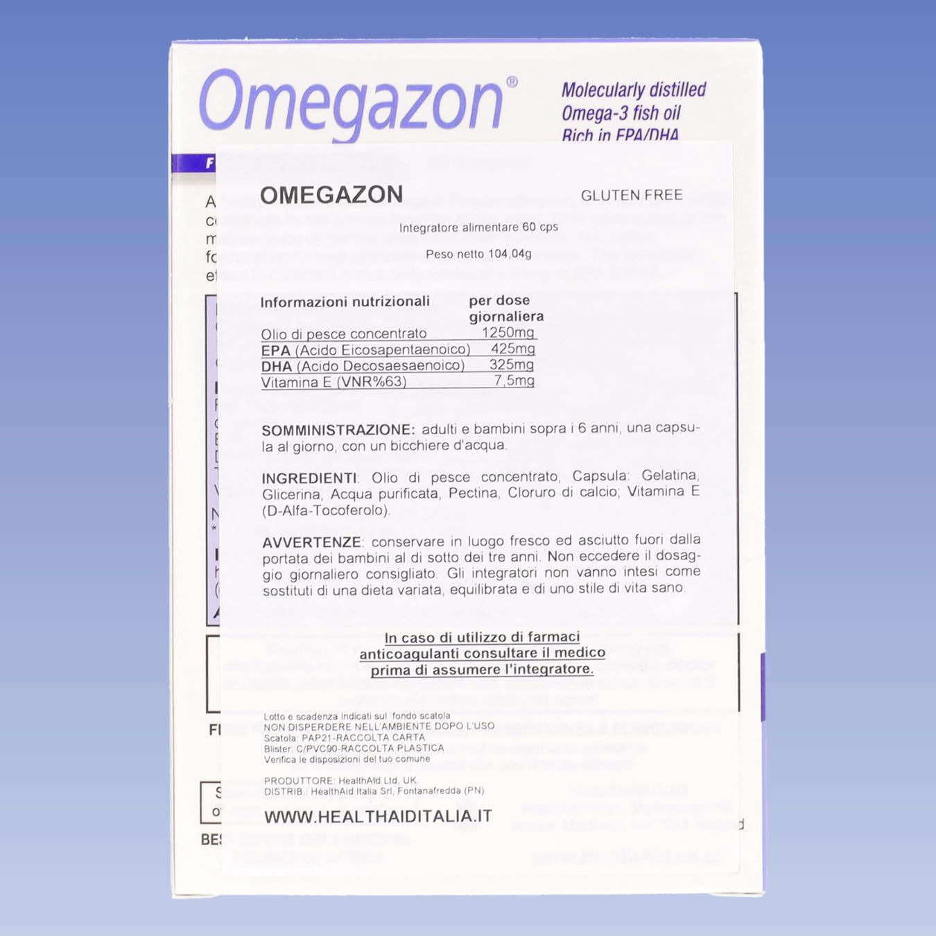 Health Aid Integratore Omega 3 1250 mg - Nuova Formula Entericare® con Olio di Pesce (Fish Oil) e Vitamina E, 60 Omega 3 Capsule Softgel - Omegazon