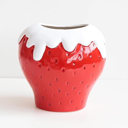 Florero de cerámica de fresa, florero vintage, bonito jarrón único, florero de fresa crema para decoración del hogar, decoración de fresa para el