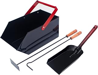 Kaminbesteck Set Mit Schürhaken, Aschekratzer, Kehrschaufel und Kohlenkasten/Aschebehälter Kamingarnitur Werkzeug Besteck Holzgriff Kaminofen Schwarz Kaminzubehör Stocheisen