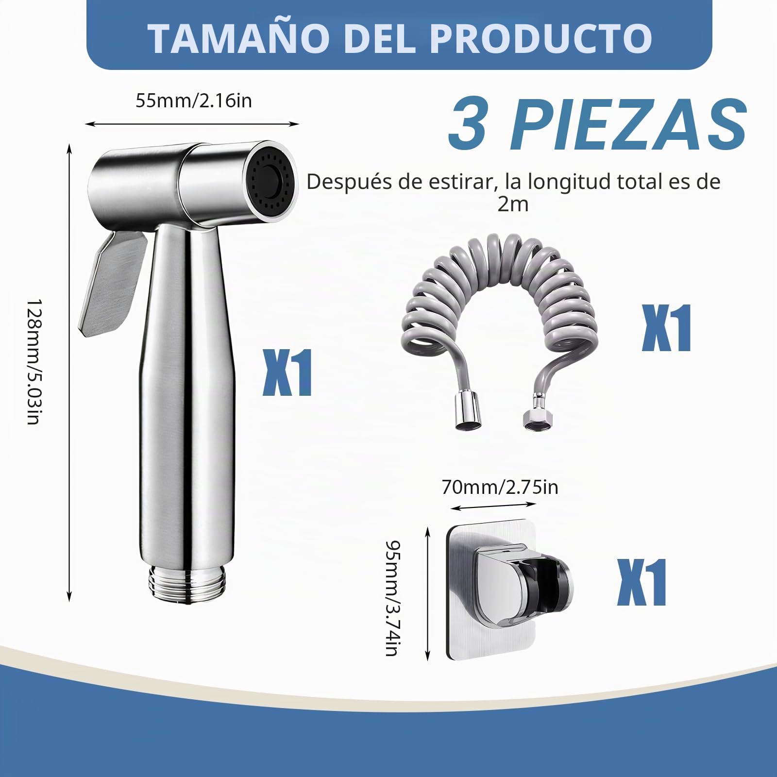 Ducha Bidet Acero Inoxidable, Grifo Portatil para WC Kit Ducha de Lavabo, con Soporte, Adaptador y Manguera WC 2m, Inodoro pulverizador de bidé de mano con gancho