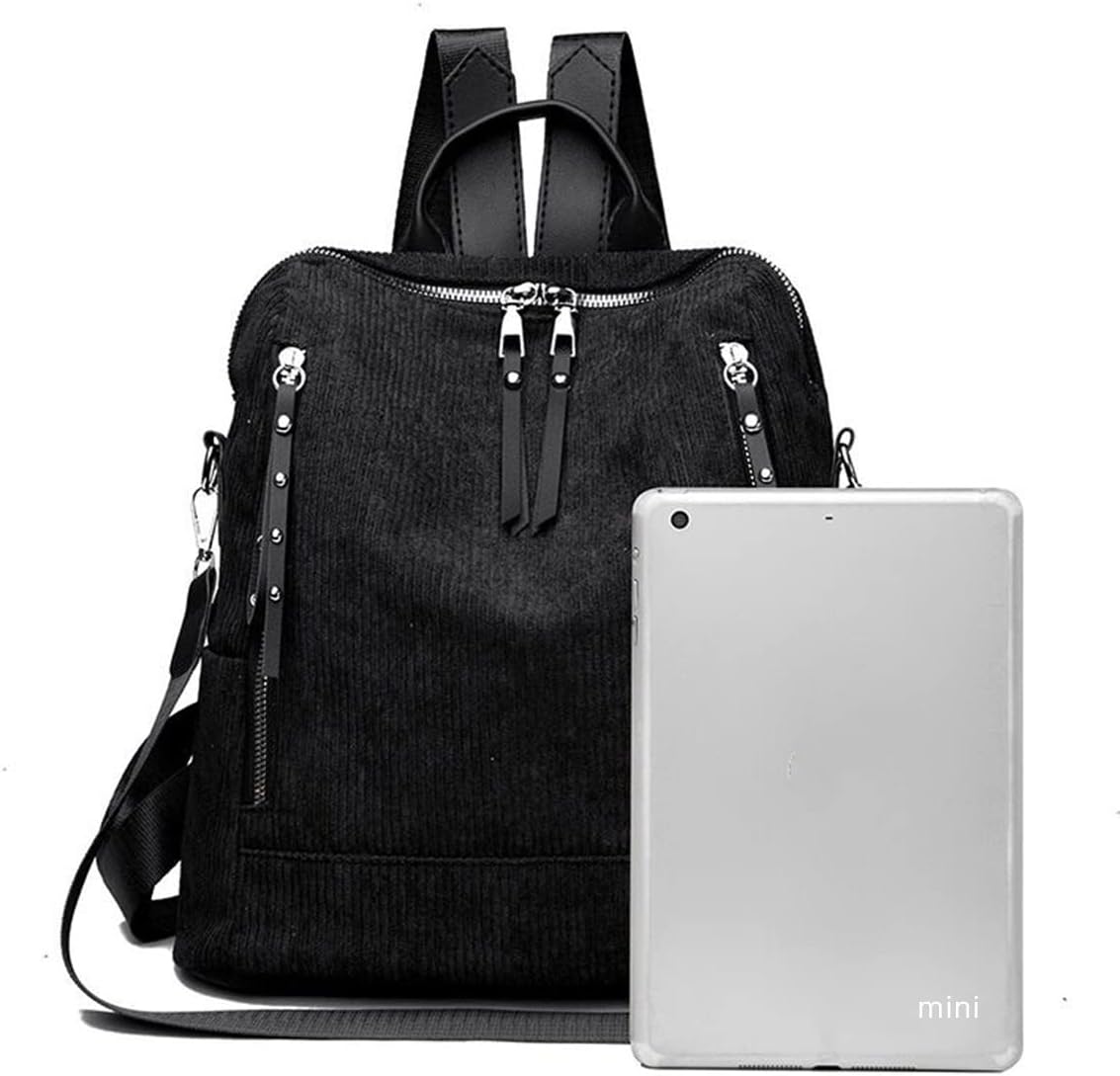 Womens Corduroy Casual Backpack Purse Convertible Travel Shoulder Bag with Wristlet Corduroy Wallet Handbag,Black - Image 4