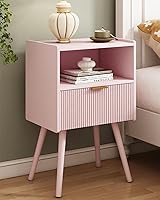 Vista 19 de Mesita de noche, moderna mesita de noche con cajón de almacenamiento y estante de madera abierta, para sala de estar, dormitorio y espacios Marrón