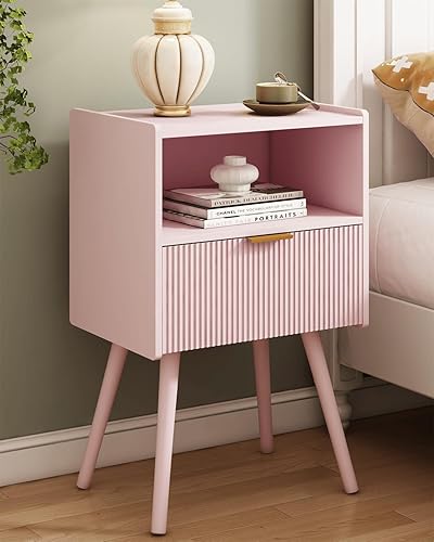 Miniatura 12 de Mesita de noche, moderna mesita de noche con cajón de almacenamiento y estante de madera abierta, para sala de estar, dormitorio y espacios Café