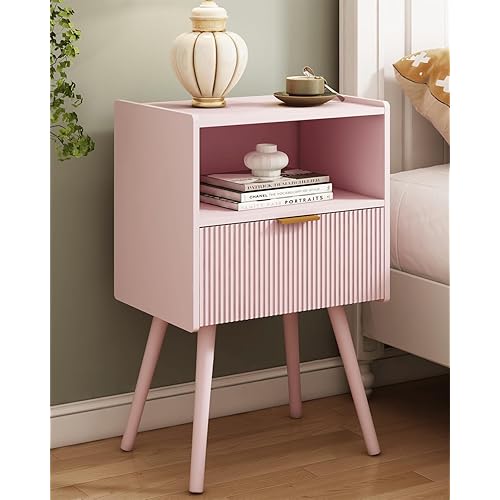 Nightstand,Modern Bedside Table with Storage Drawer and Open Wood Shelf, for Living Room, Bedroom and Small Spaces, Accent Night Stand with Solid Wood Legs, Easy Assembly,Classic Pink