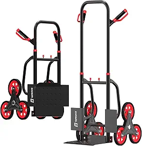 Stair Climbing Hand Truck 440lb,Heavy Duty Dolly Cart for Stairs,Thickened Upgraded Steel Tube Folding Stair Climbing Trolley with Six Wheels and Telescoping Handle, Red, TK1500-R