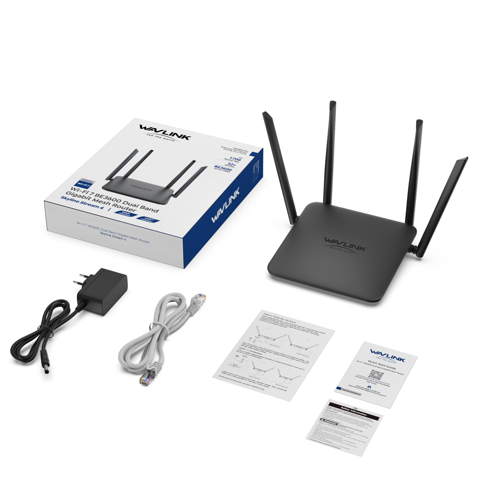 WAVLINK BE3600 router Wi-Fi 7 | dwupasmowy system WiFi do gier | pasma 6 GHz i 5 GHz | wtyczka brytyjska | MLO, 4096-QAM do strumieniowania 4K | VPN, QoS, sieć dla gości | łatwa konfiguracja do domu i