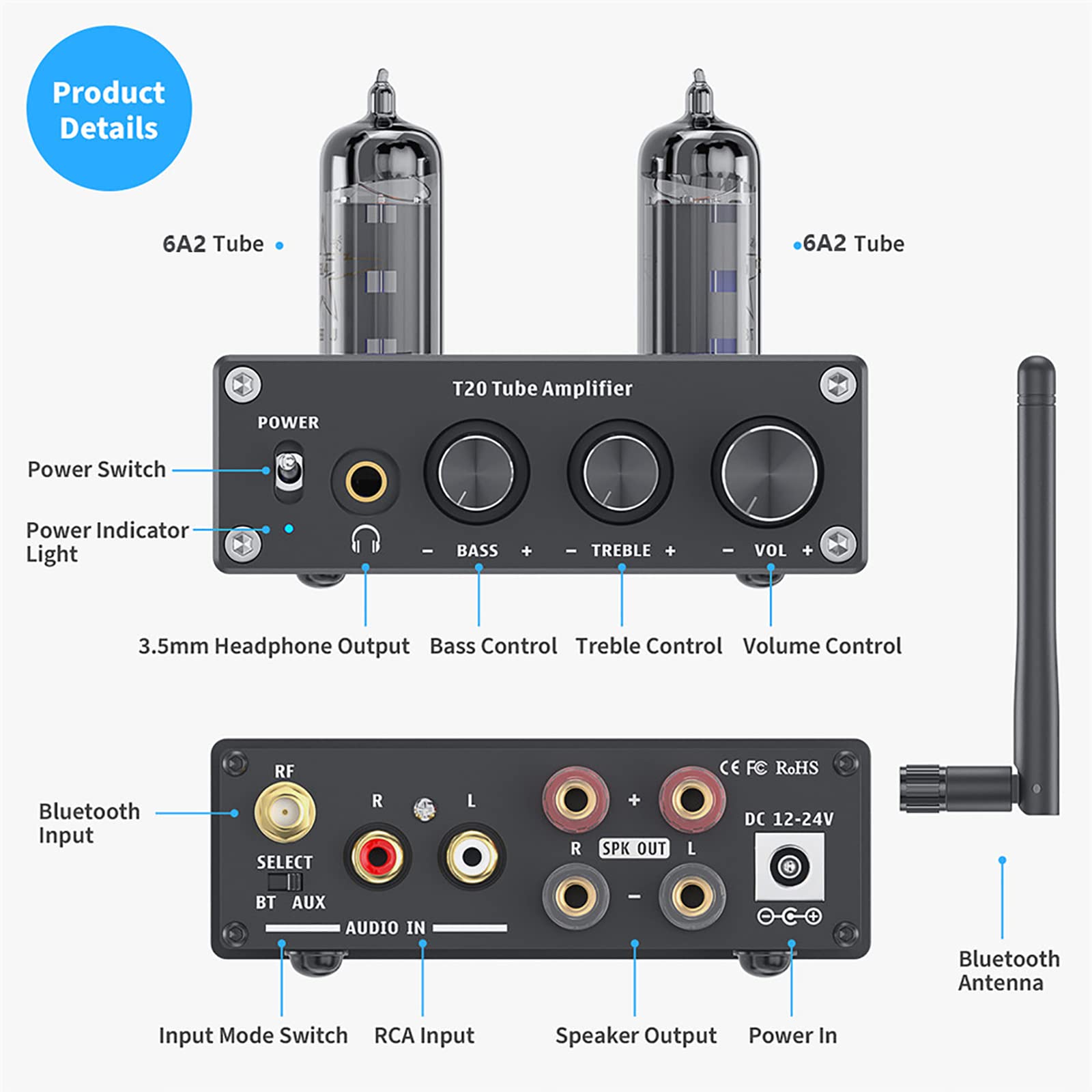 Hifi Wzmacniacz Mocy Bluetooth Wzmacniacz Lampowy, Domowy Dwukanałowy Pasywny Wzmacniacz Lampowy, Wejście Przewodowe + Bezprzewodowe Wejście Bluetooth, Cała Obudowa Ze Stopu Aluminium