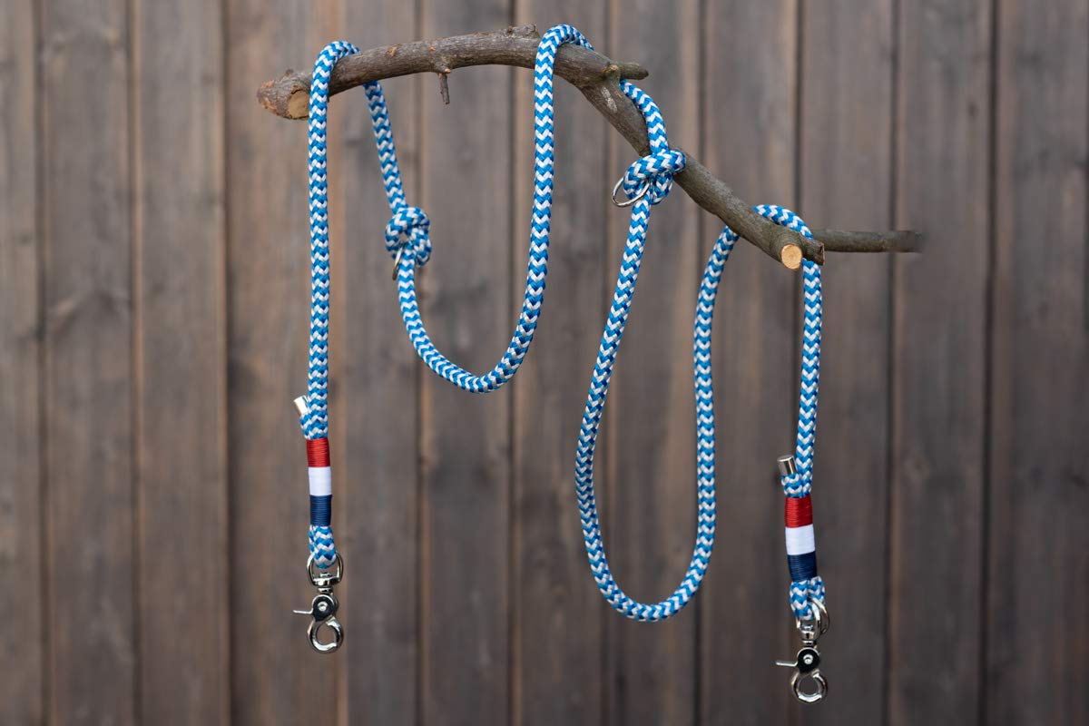 Wau-Effekt Hundeleine aus Segeltau - 200cm Lnge - 100% Handarbeit -  dreifach lngenverstellbar durch Wanderknoten aus robustem Segeltau (M  (200cm, 10mm Tau), Blau/Wei - Blau Wei Rot) : Amazon.de: Haustier