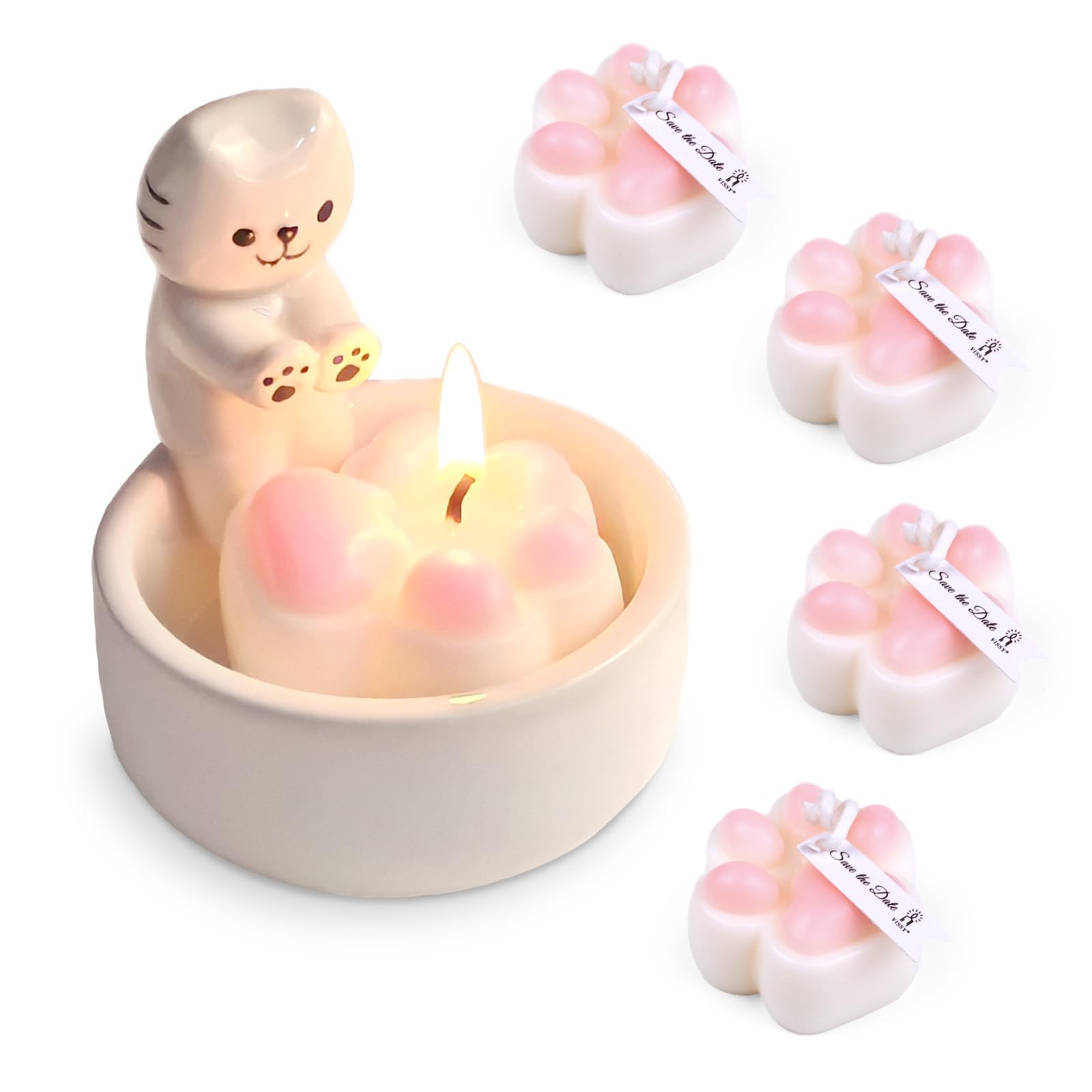 Portavelas de gatito con 4 velas de té de pata de gato, regalos de cerámica para decoración del hogar, regalos para amantes de los gatos para mujeres