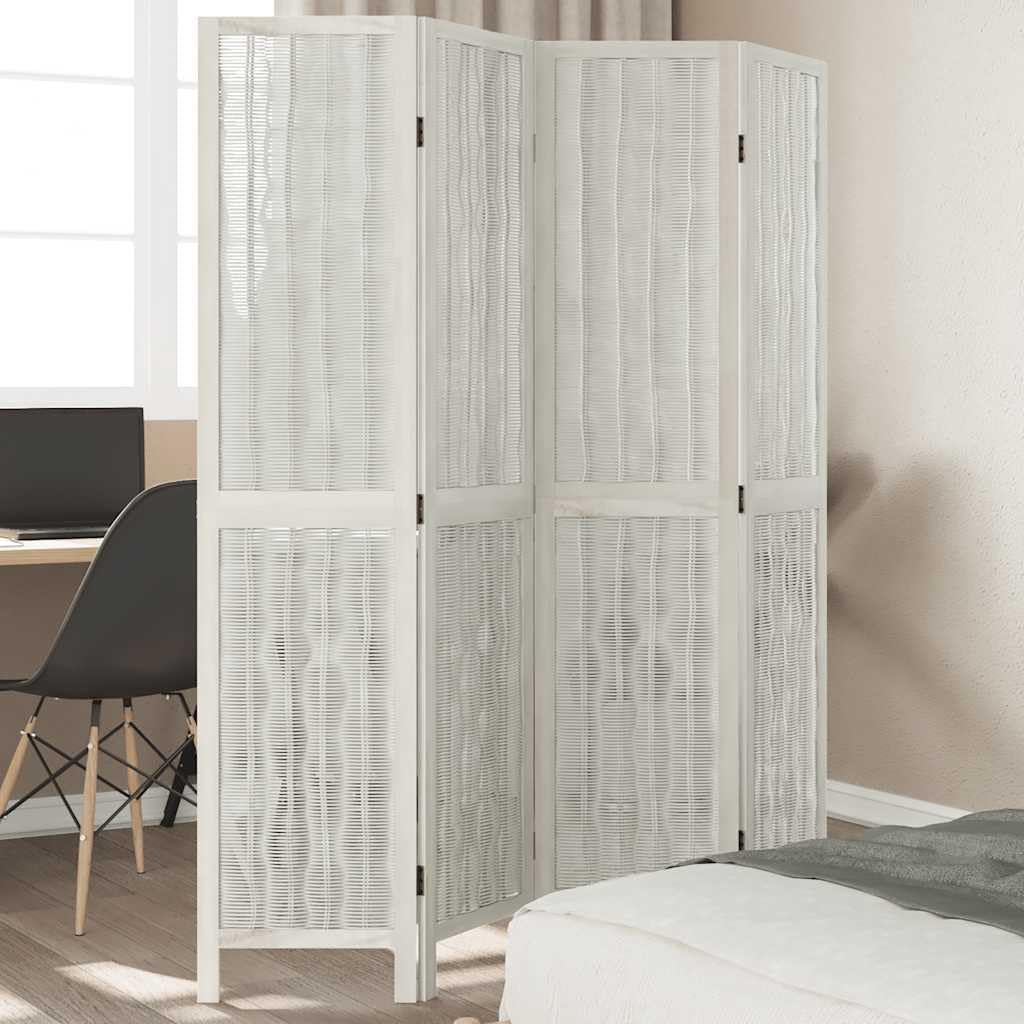 Paravent brise-vue blanc pliable en bois et saule, cloison amovible occultante de 140 x 180 cm