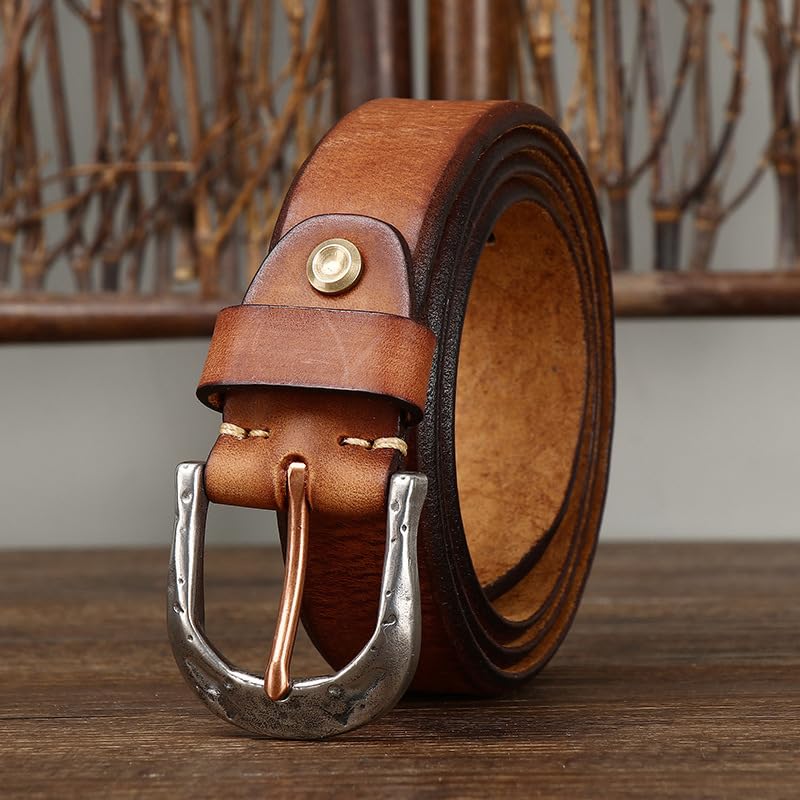 Handmade Cowhide Vintage Men's Women's Belt - 5mm Thick Genuine Leather Waist Strap with Stainless Steel Engraved Buckle(100cm/39, Brown)4
