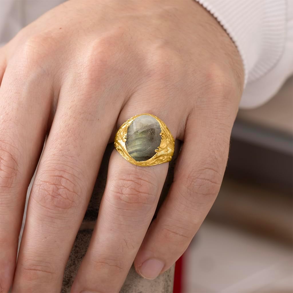 Natural Crystal Ring Men's Sword Design 24K Gold Vermeil 925 Sterling Silver Oval Solitaire Gemstone Dainty Statement Healing Crystal Birthstone Luck Handmade Turkish Fine Jewelry