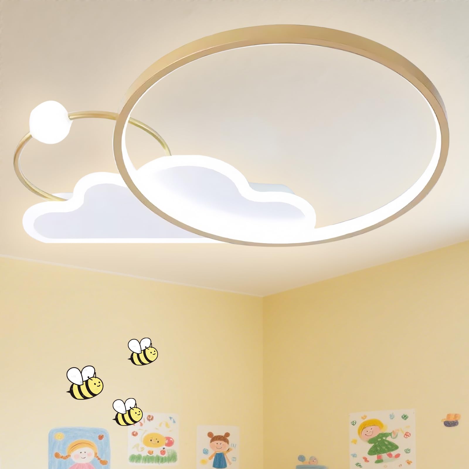 HXYSXHJUO 52CM Cloud Kids LED Ceiling Lights with Remote, Modern Pink Round Flush Mount Fixture, Dimmable Lamps for Boy and Girl, 3 Color Light Nursery/Kids Room, 35W, 3000K-6500K-Gold