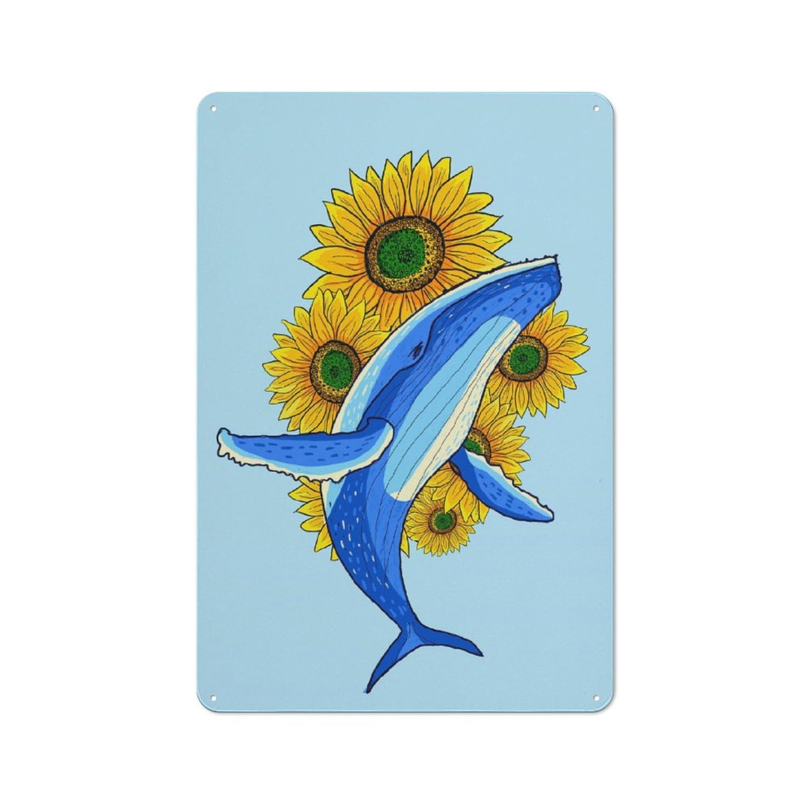 Junmoney Humpback Whale And Flower Tin Wall Plaque 30X20cm With For Guest Room Or Hallway, For Hallway Wall Decor Fans