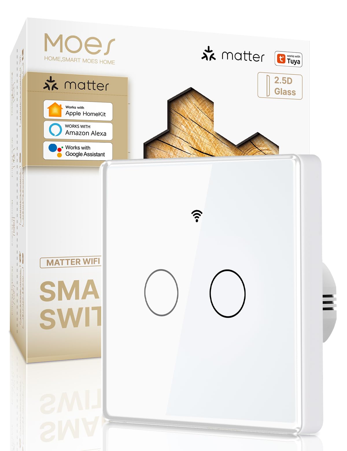MOES Matter Smart Light Switch, Upgraded Thicker 2.5D Curved Glass Panel, WiFi Touch Switch, Neutral Wire Required, Compatible with Apple Home/Alexa/Google, 2-Way Multi-Control Association, 2 Gang
