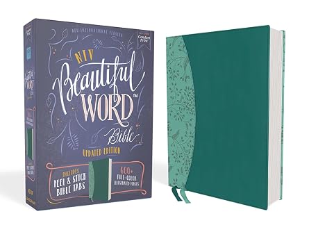 NIV, Beautiful Word Bible, Updated Edition, Peel/Stick Bible Tabs, Leathersoft, Teal, Red Letter, Comfort Print 600+ Full-Color Illustrated Verses