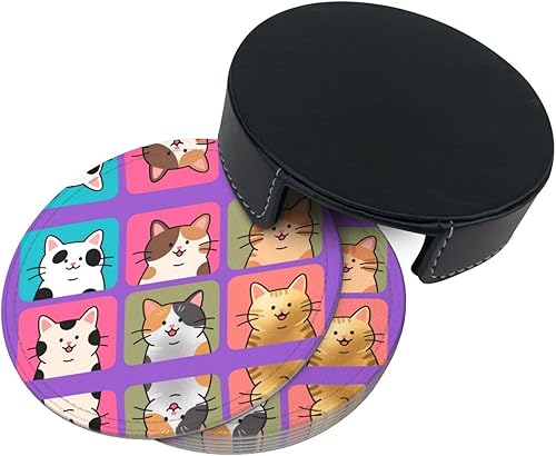 Miniatura 4 de Drink Coasters Set of 6, Cats Printed PU Leather Round Coaster with Holder for Outdoor, Office, Bar, Funny Heat-Resistant Home Desk Decor