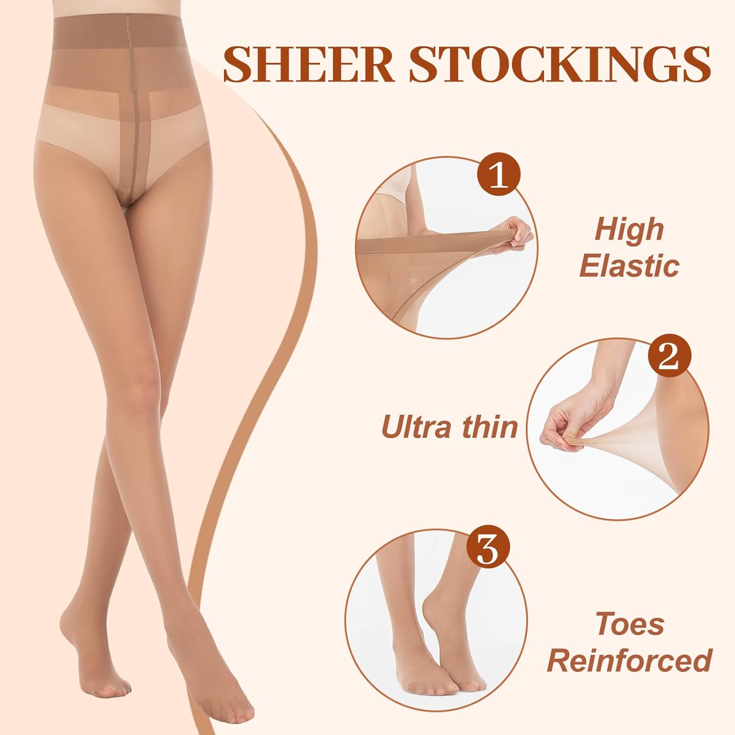 2 Pairs T-Crotch Rip Resistant High Waist Pantyhose with Reinforced Toes 10 Denier Ultra Thin Sheer Tights for Women - Image 5